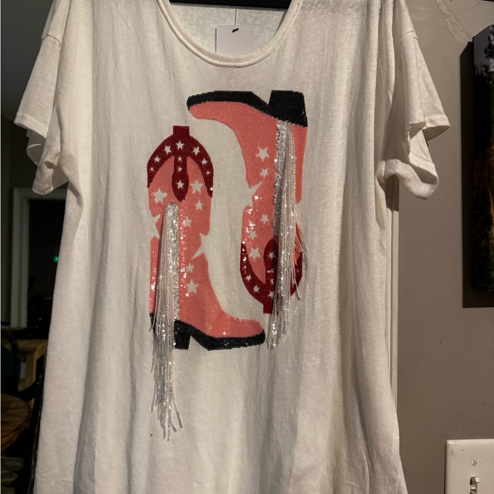 White top with Pink and Black Boot Design